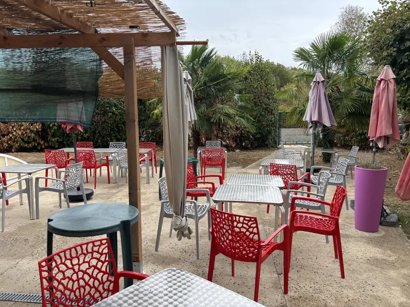 Tables de la terrasse en bordure de jardin, parasols et palmiers